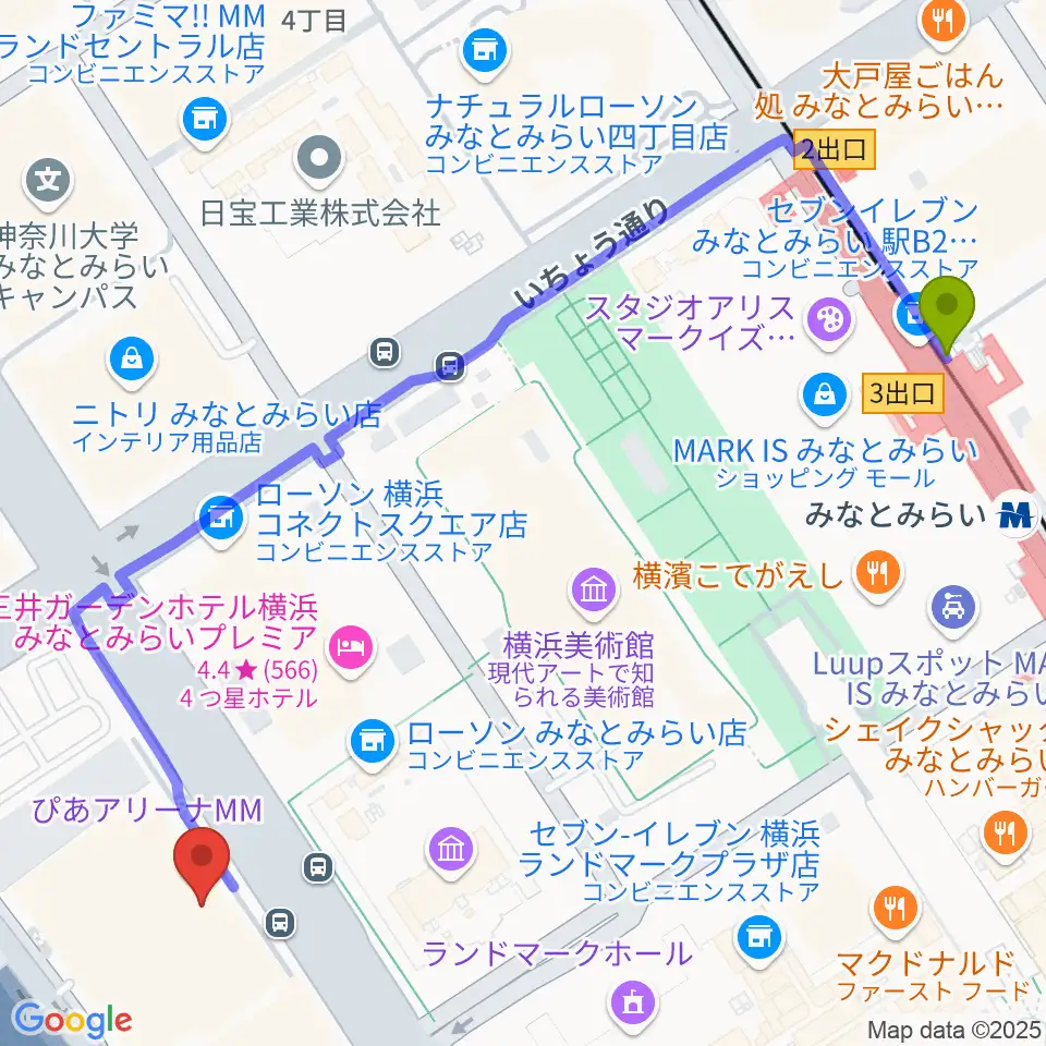 ぴあアリーナMMの最寄駅みなとみらい駅からの徒歩ルート（約7分）地図