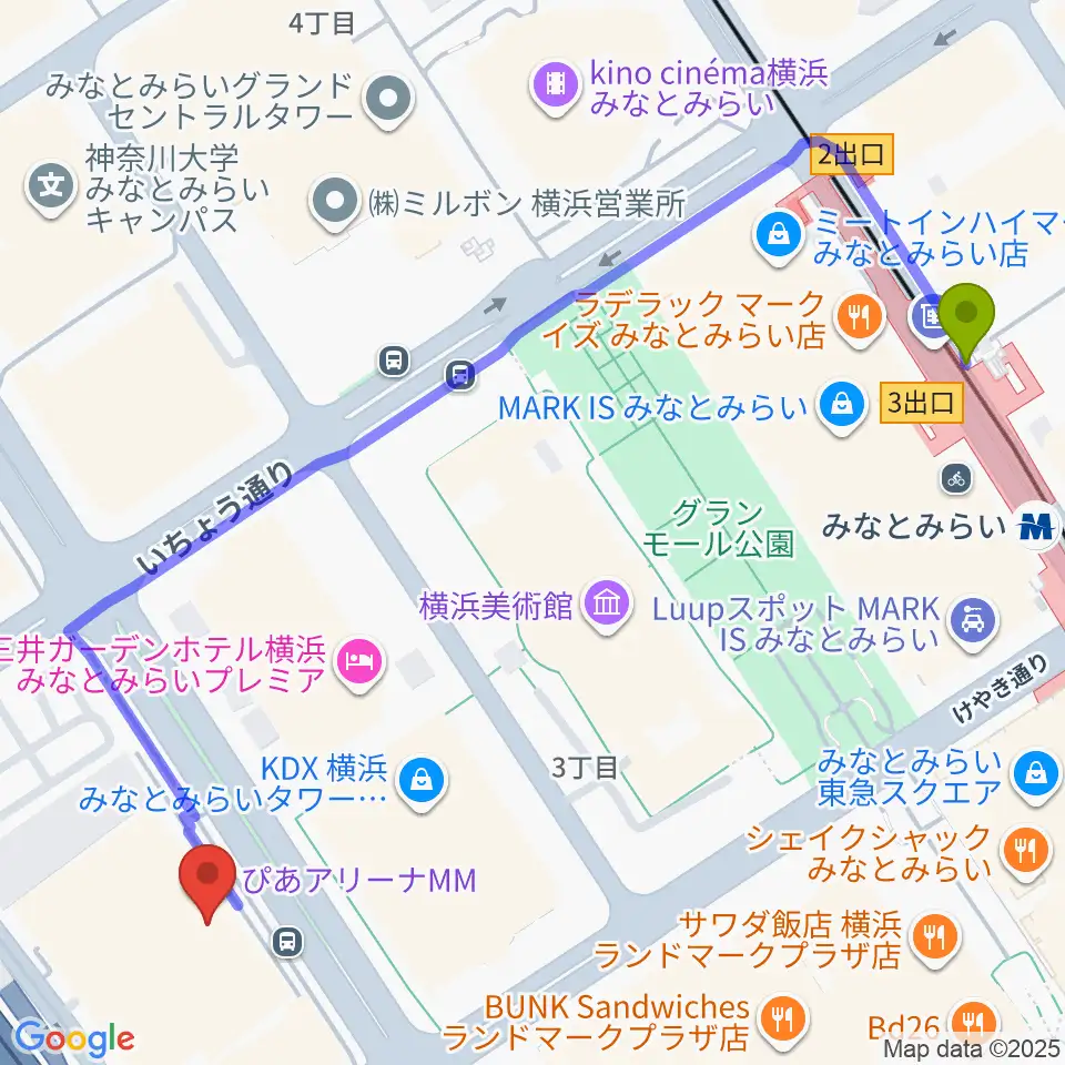 ぴあアリーナMMの最寄駅みなとみらい駅からの徒歩ルート（約7分）地図