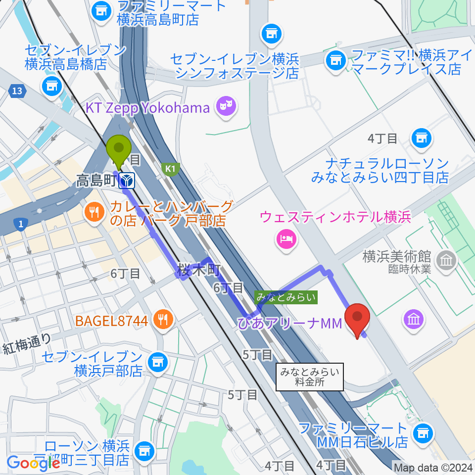 高島町駅からぴあアリーナMMへのルートマップ地図