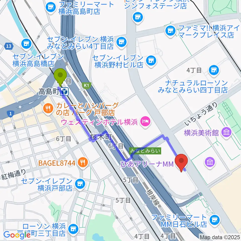 高島町駅からぴあアリーナMMへのルートマップ地図