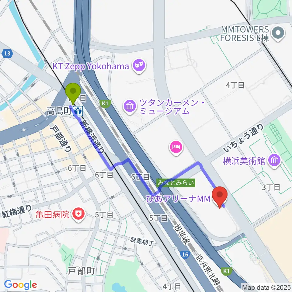 高島町駅からぴあアリーナMMへのルートマップ地図