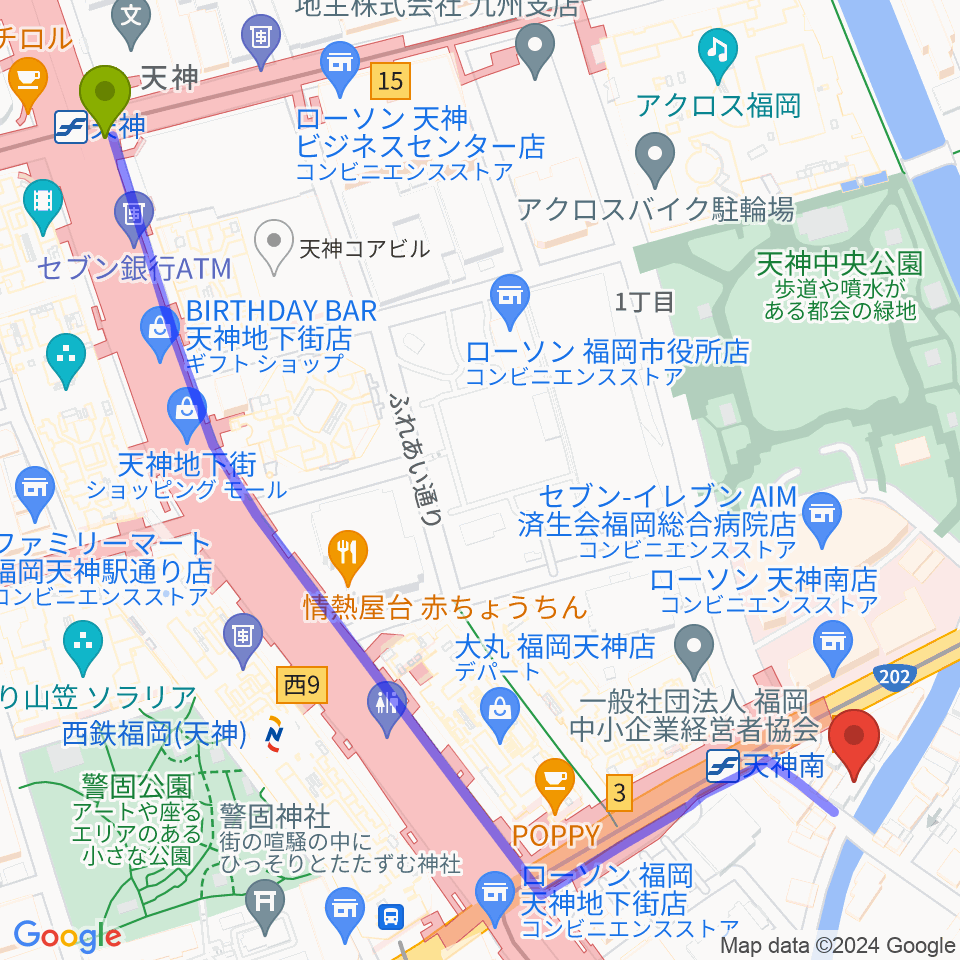 天神駅から福岡バイオリン・ビオラ音楽教室へのルートマップ地図