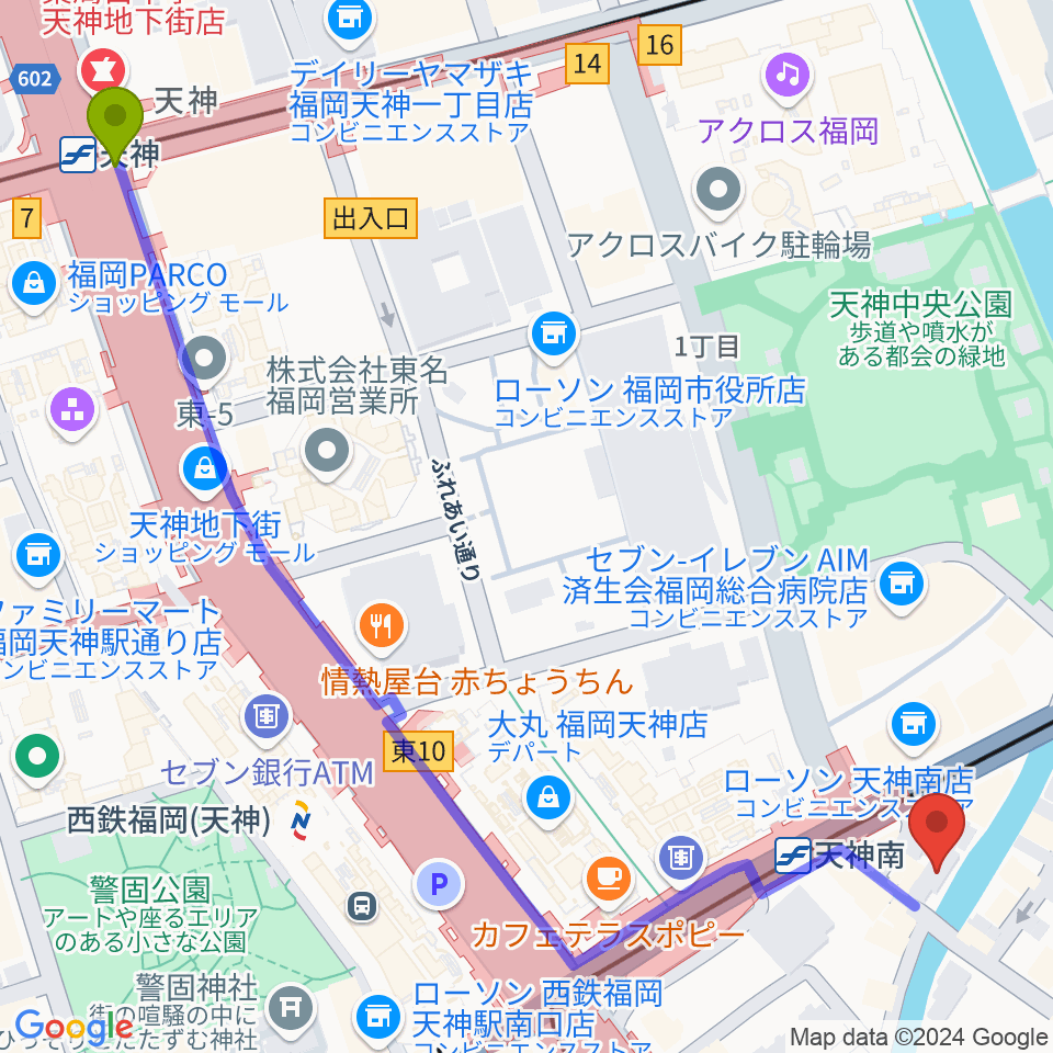 天神駅から福岡バイオリン・ビオラ音楽教室へのルートマップ地図