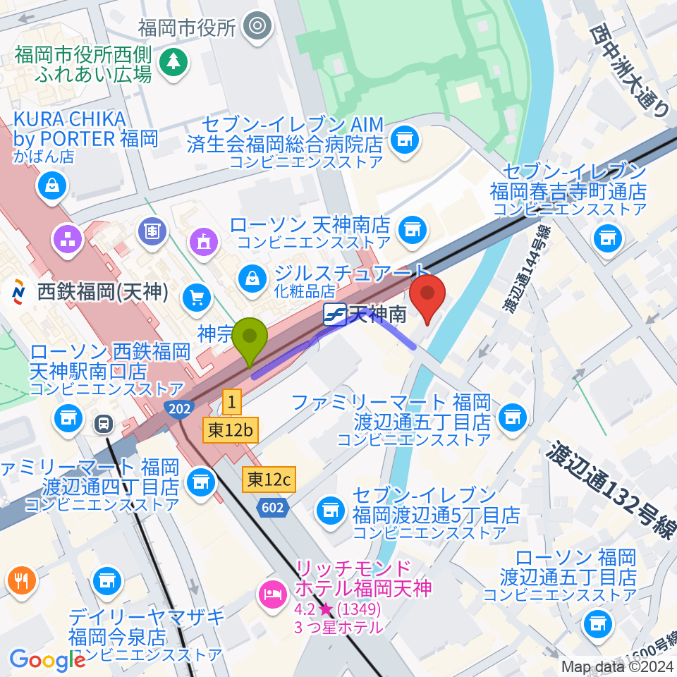 福岡バイオリン・ビオラ音楽教室の最寄駅天神南駅からの徒歩ルート（約2分）地図