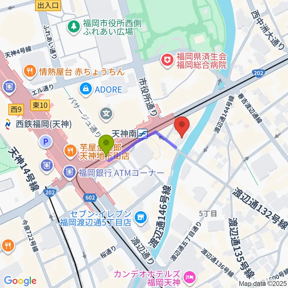 福岡バイオリン・ビオラ音楽教室の最寄駅天神南駅からの徒歩ルート（約2分）地図