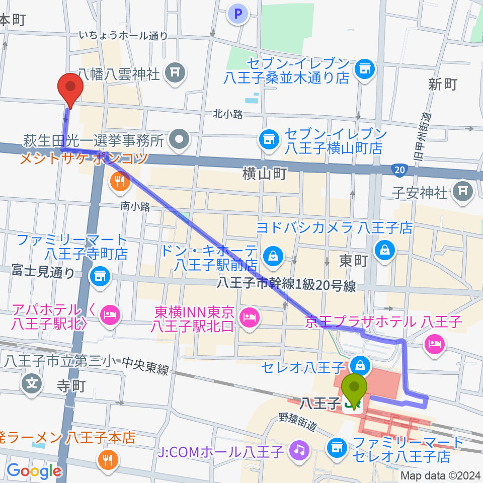 八王子サクラヤコーヒー店の最寄駅八王子駅からの徒歩ルート（約13分）地図