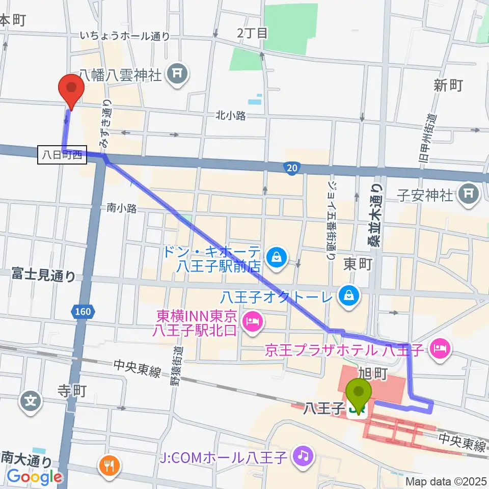 八王子サクラヤコーヒー店の最寄駅八王子駅からの徒歩ルート（約13分）地図