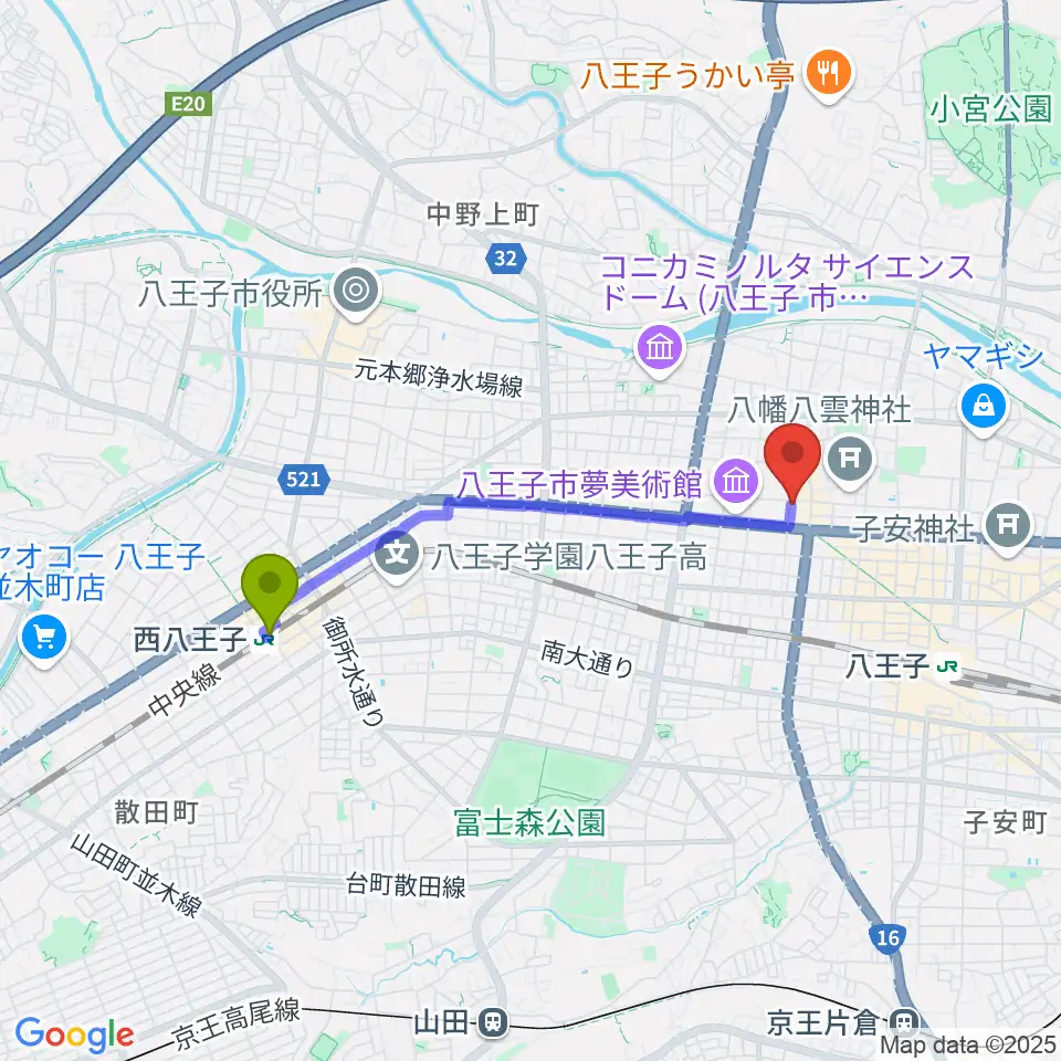 西八王子駅から八王子サクラヤコーヒー店へのルートマップ地図
