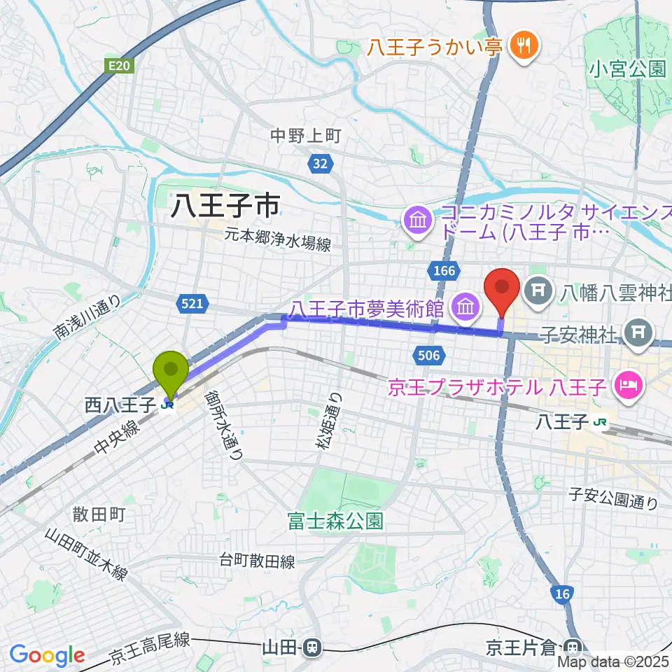 西八王子駅から八王子サクラヤコーヒー店へのルートマップ地図