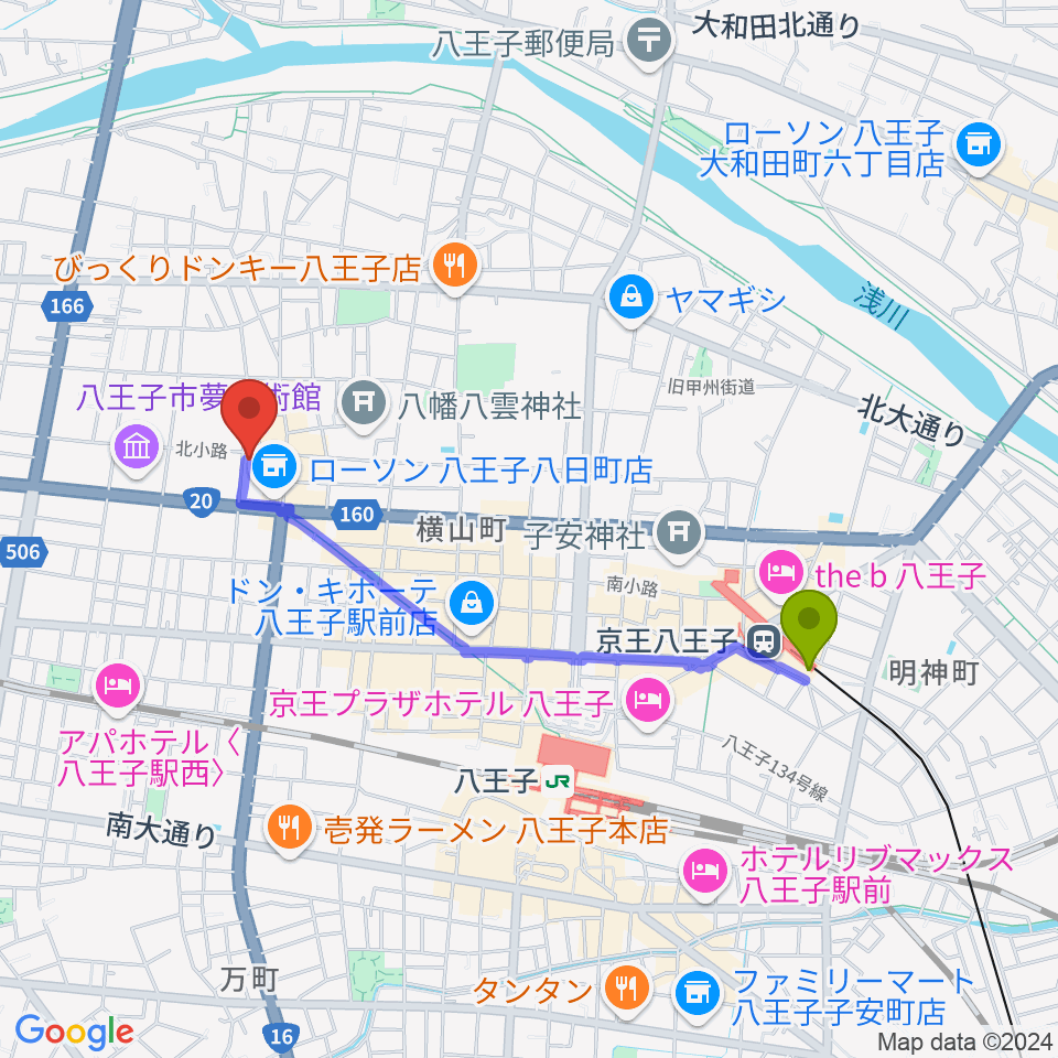 京王八王子駅から八王子サクラヤコーヒー店へのルートマップ地図