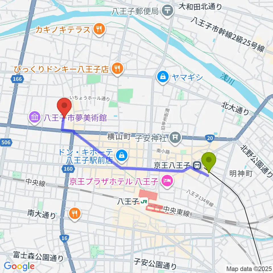 京王八王子駅から八王子サクラヤコーヒー店へのルートマップ地図