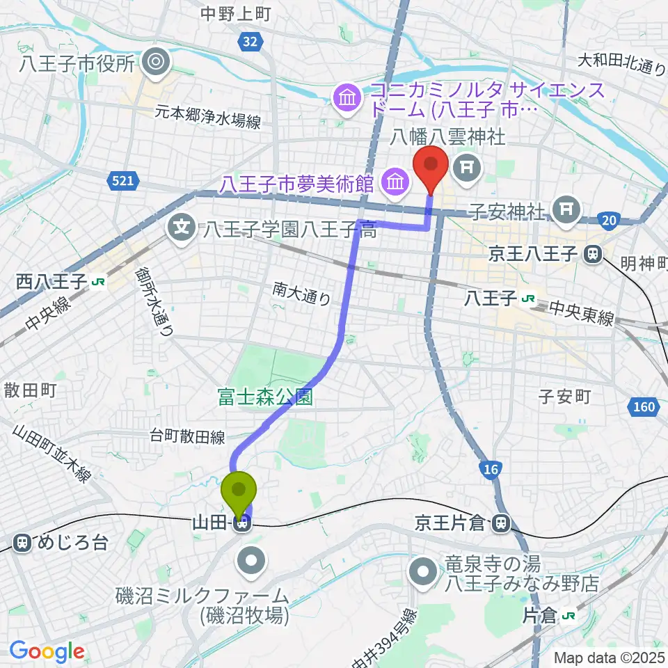 山田駅から八王子サクラヤコーヒー店へのルートマップ地図