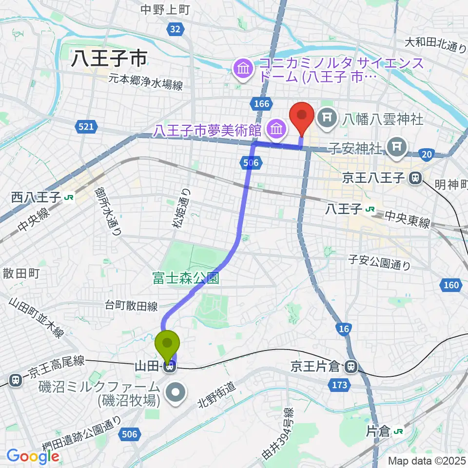 山田駅から八王子サクラヤコーヒー店へのルートマップ地図