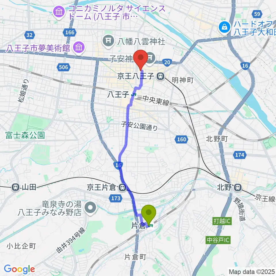 片倉駅から八王子クリエイトホールへのルートマップ地図