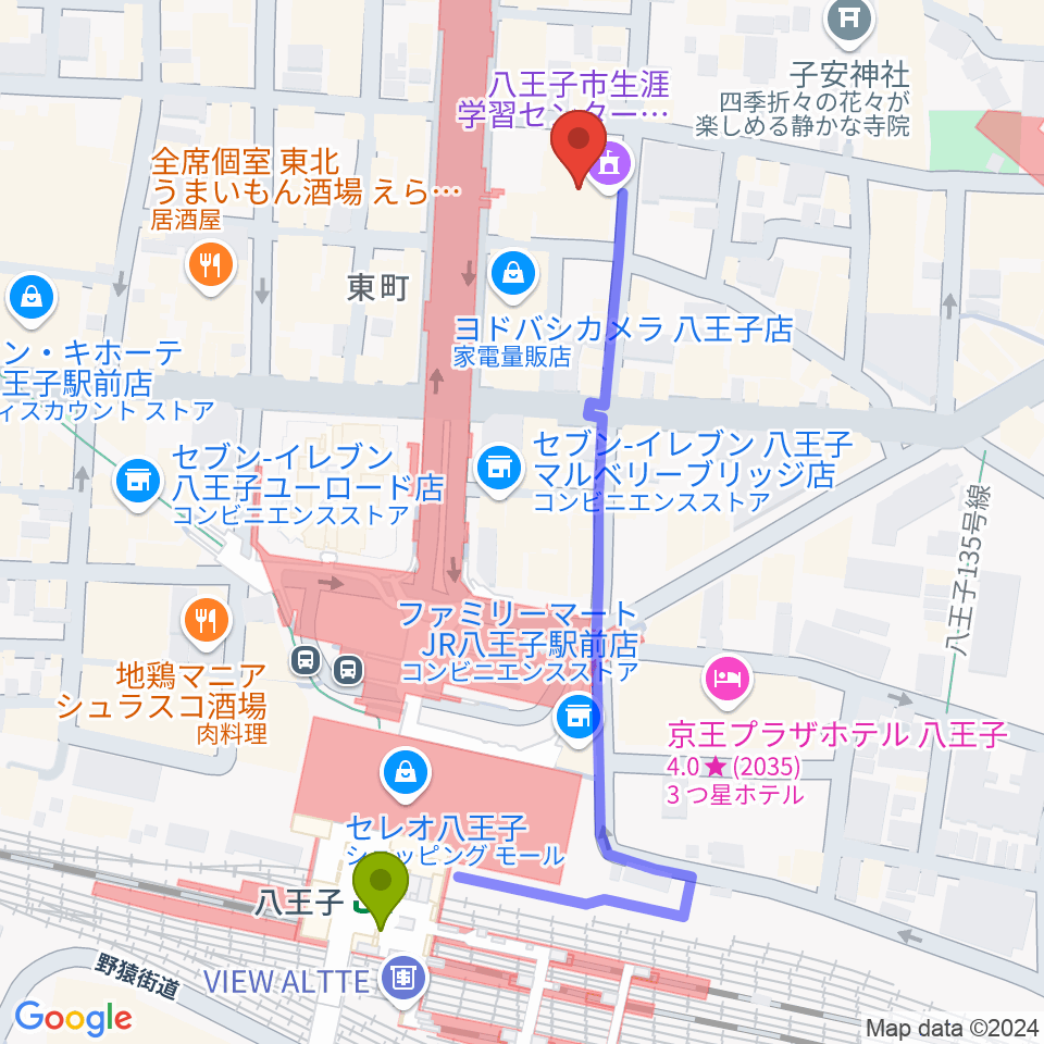 八王子クリエイトホールの最寄駅八王子駅からの徒歩ルート（約6分）地図