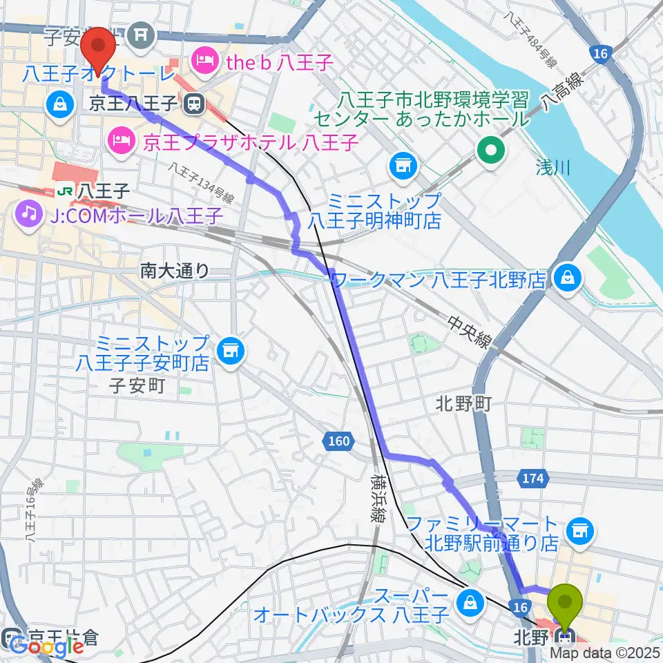 北野駅から八王子クリエイトホールへのルートマップ地図