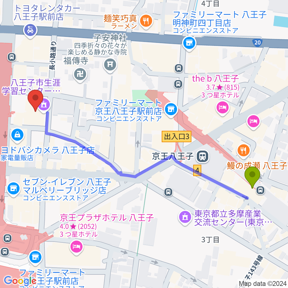 京王八王子駅から八王子クリエイトホールへのルートマップ地図