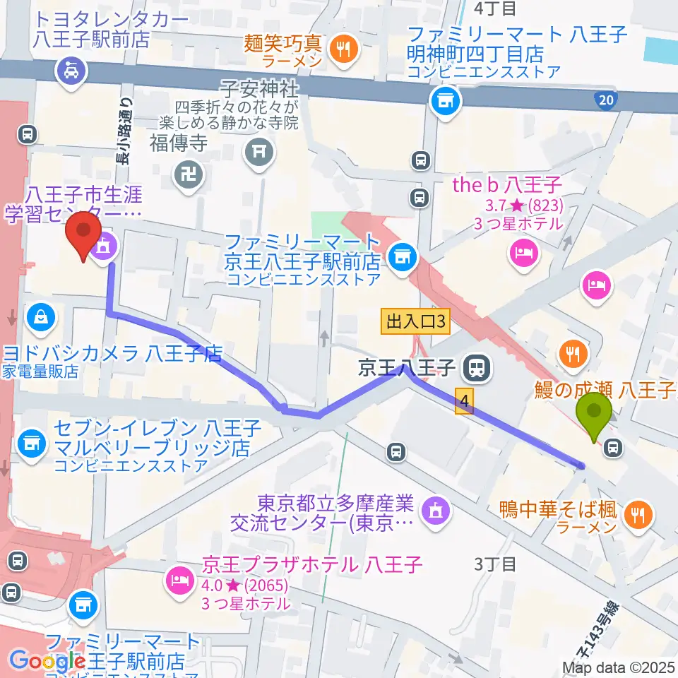 京王八王子駅から八王子クリエイトホールへのルートマップ地図