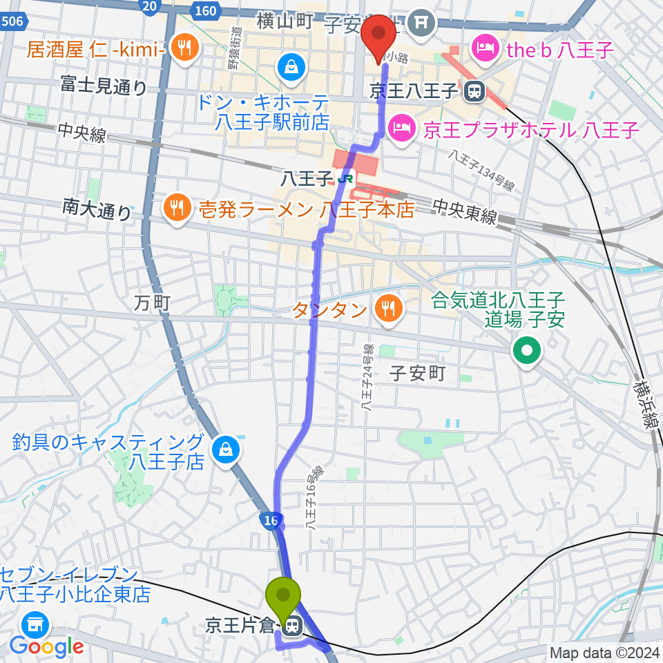 京王片倉駅から八王子クリエイトホールへのルートマップ地図