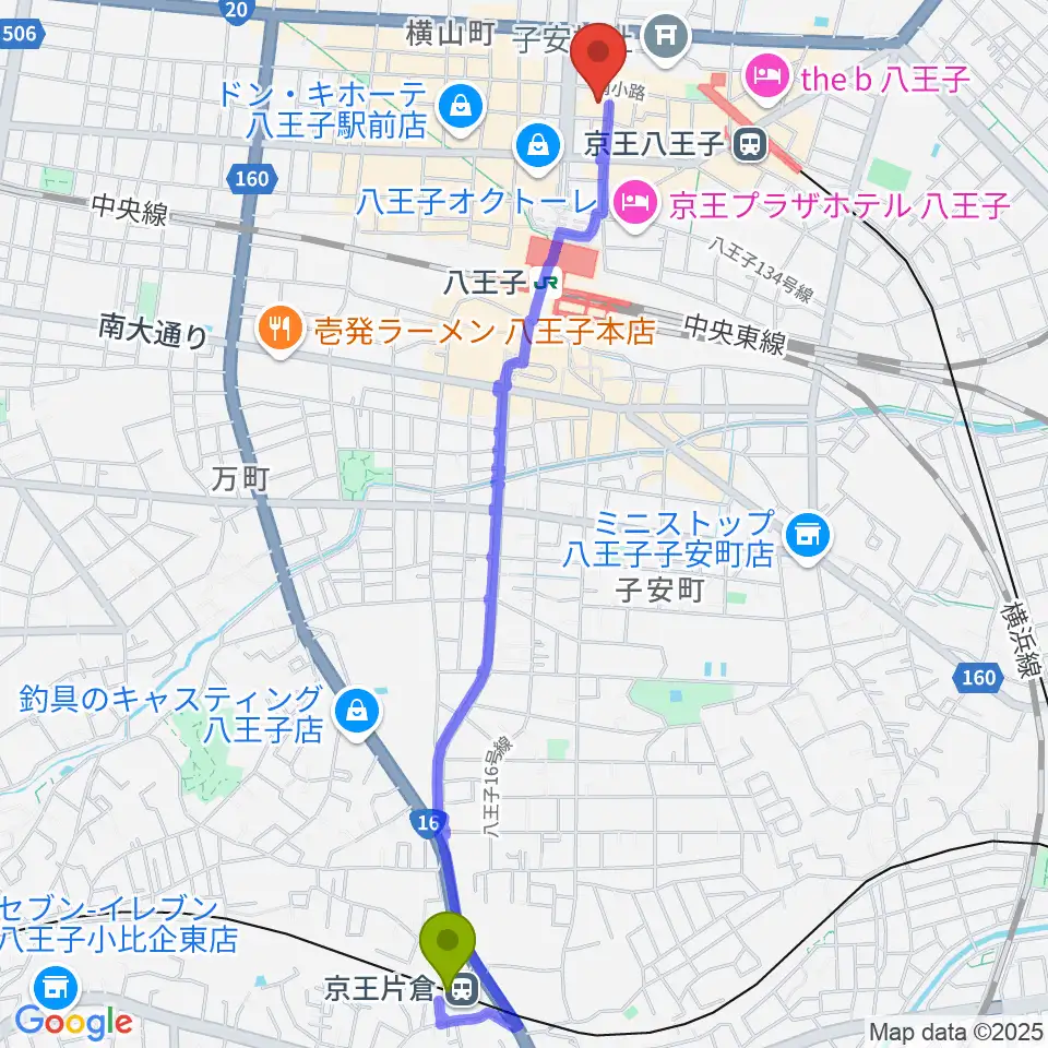 京王片倉駅から八王子クリエイトホールへのルートマップ地図