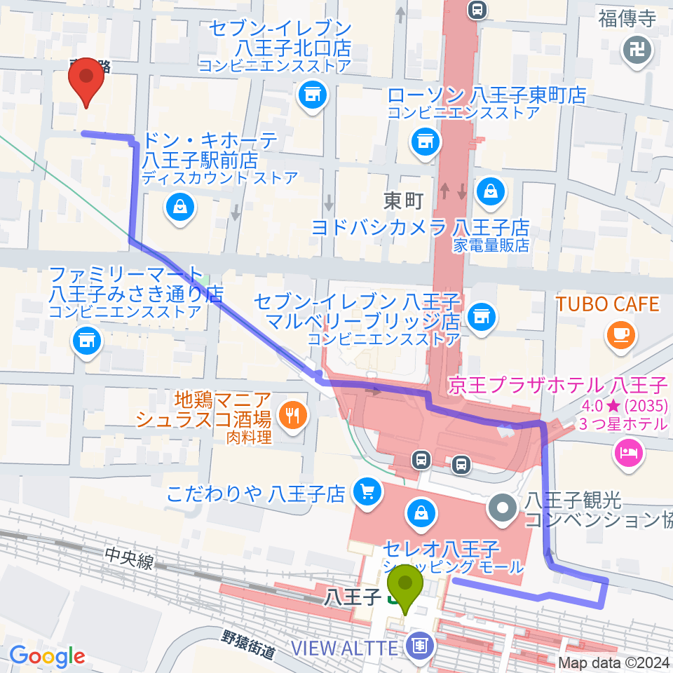 八王子ブッチャーの最寄駅八王子駅からの徒歩ルート（約7分）地図