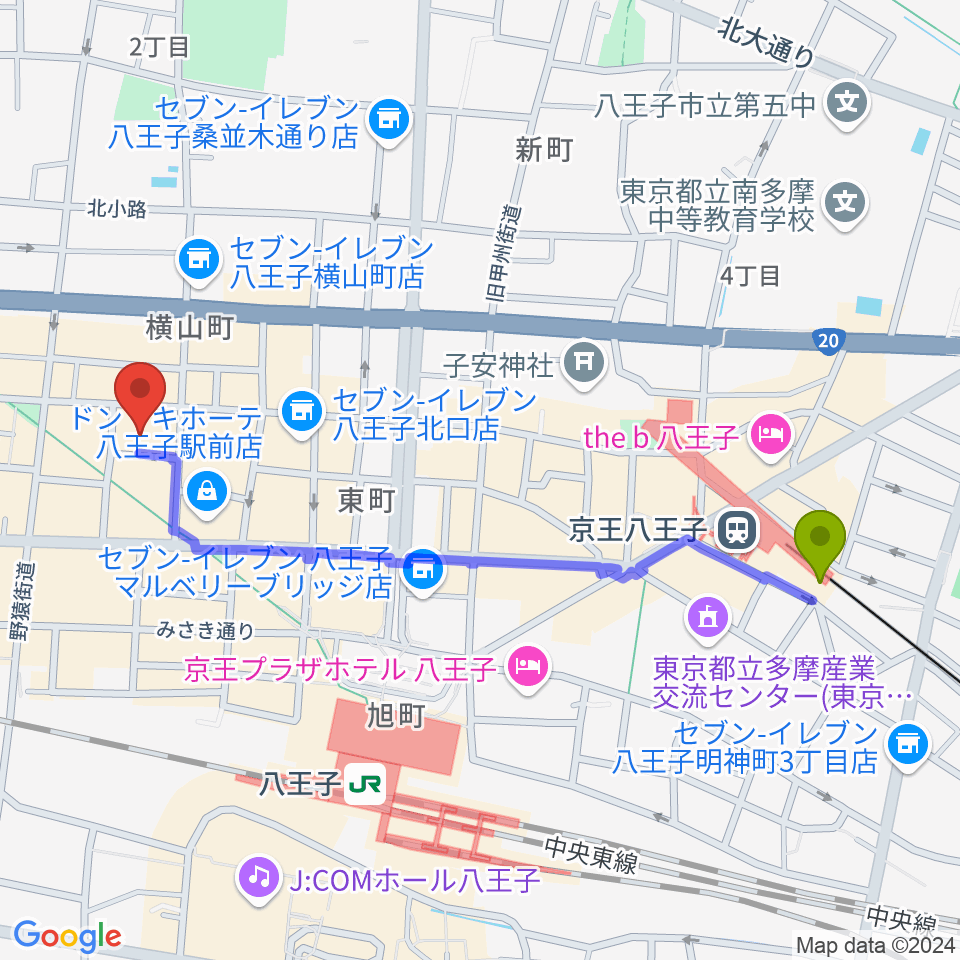 京王八王子駅から八王子ブッチャーへのルートマップ地図