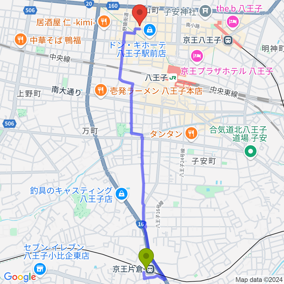 京王片倉駅から八王子ブッチャーへのルートマップ地図