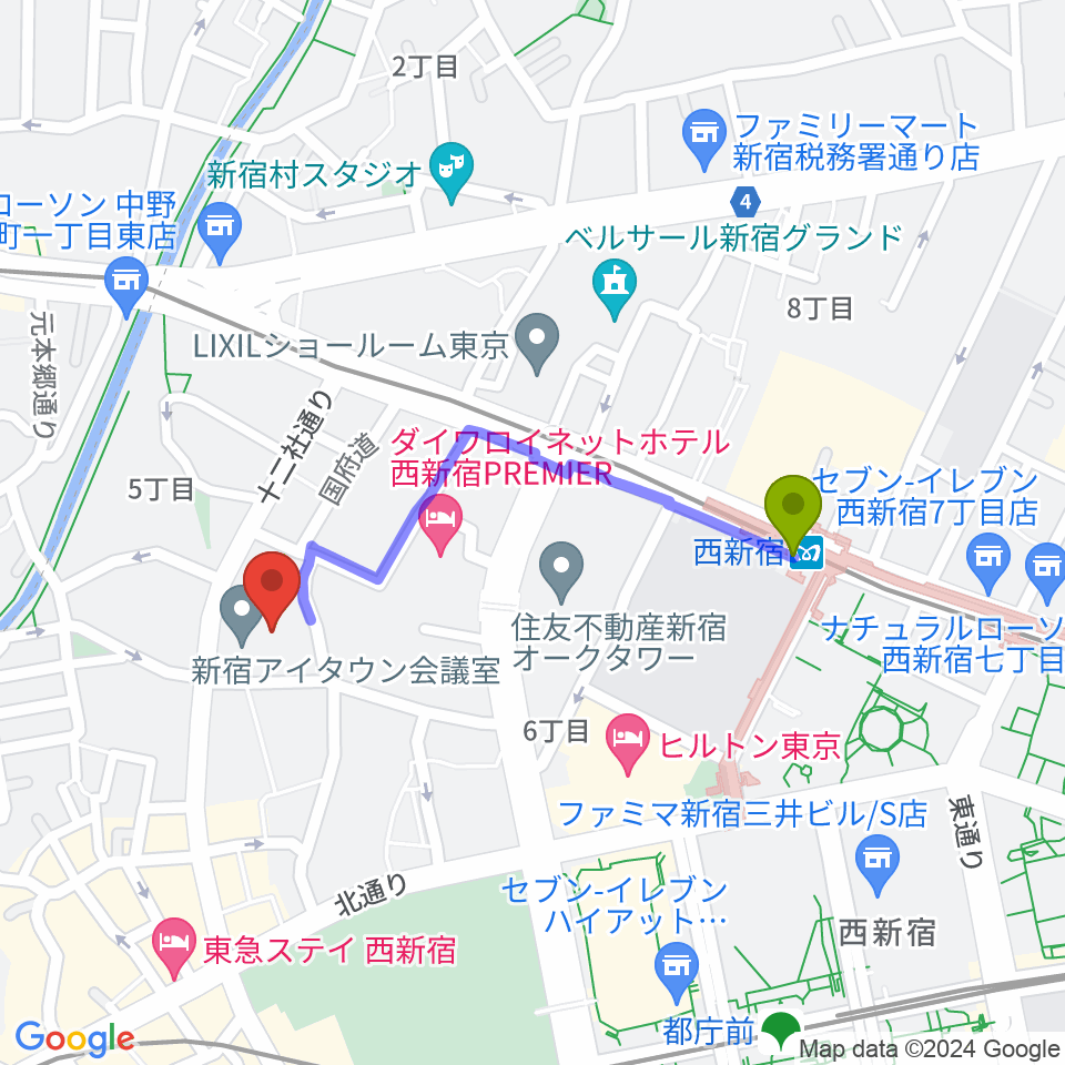 ガルバホールの最寄駅西新宿駅からの徒歩ルート（約8分）地図
