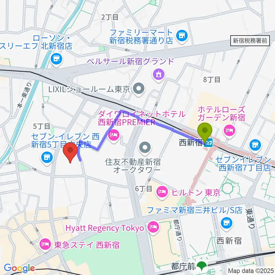 ガルバホールの最寄駅西新宿駅からの徒歩ルート（約8分）地図