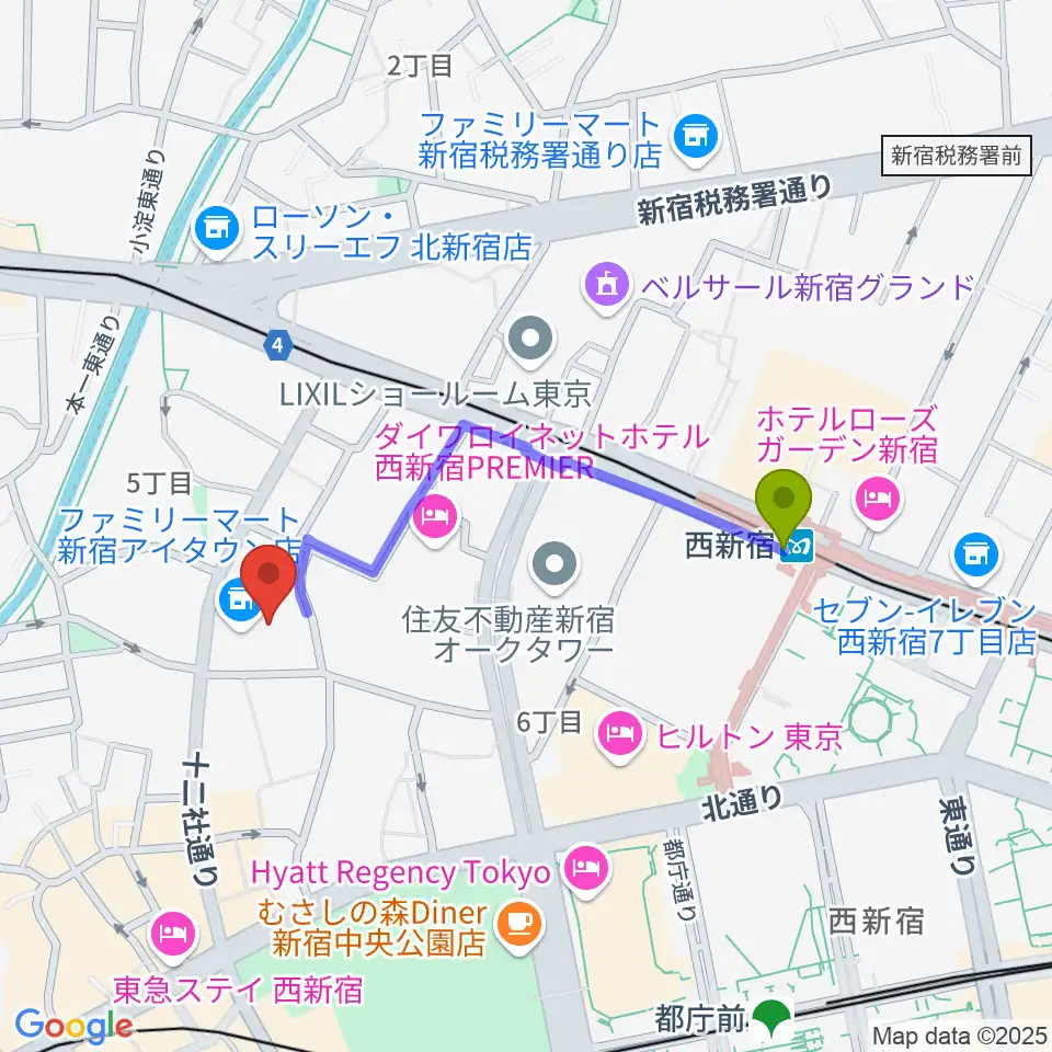 ガルバホールの最寄駅西新宿駅からの徒歩ルート（約8分）地図