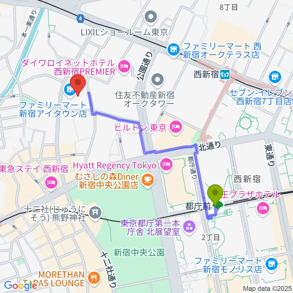 都庁前駅からガルバホールへのルートマップ地図