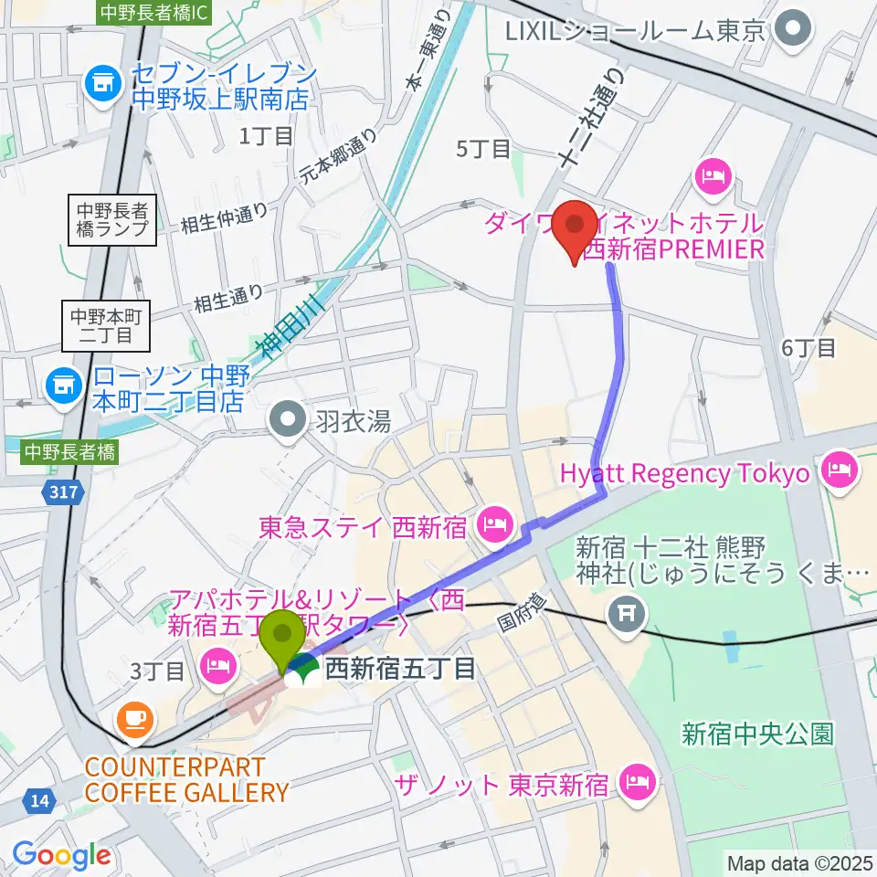 西新宿五丁目駅からガルバホールへのルートマップ地図