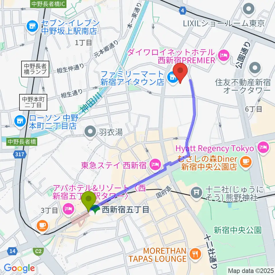 西新宿五丁目駅からガルバホールへのルートマップ地図