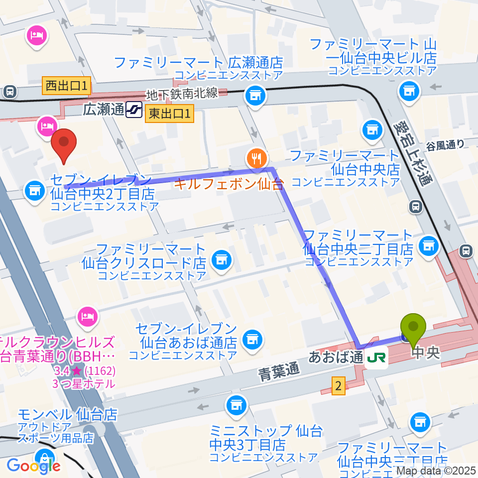 あおば通駅から仙台ルフランへのルートマップ地図