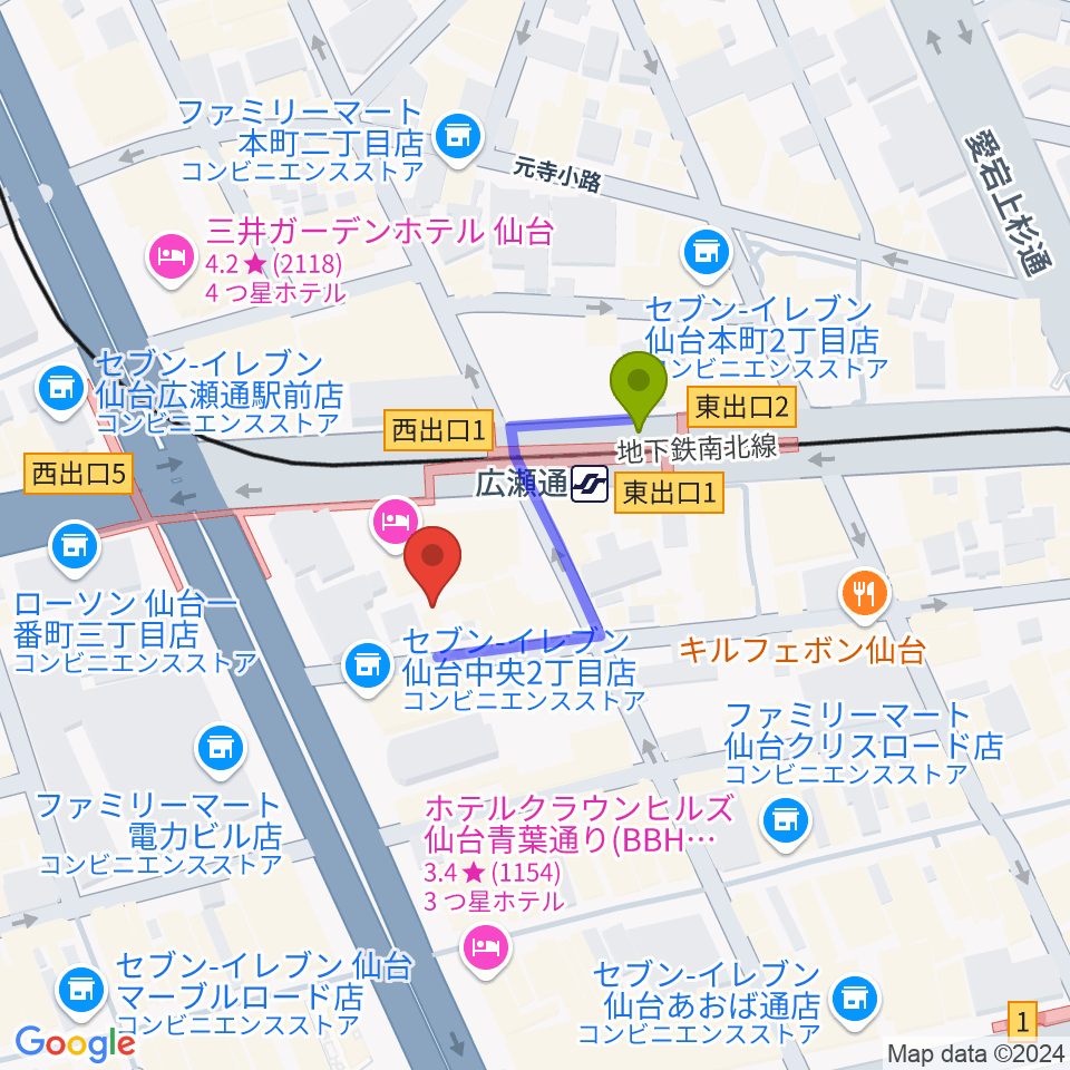 仙台ルフランの最寄駅広瀬通駅からの徒歩ルート（約2分）地図