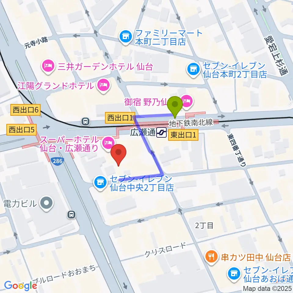仙台ルフランの最寄駅広瀬通駅からの徒歩ルート（約2分）地図