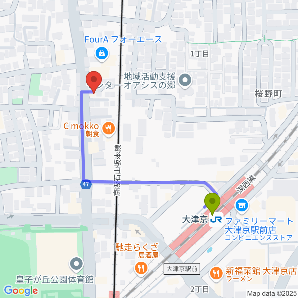 大津京駅からヒラヤマ管楽器工房へのルートマップ地図