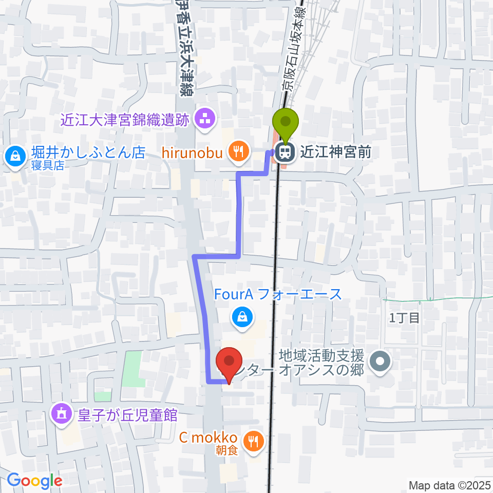 ヒラヤマ管楽器工房の最寄駅近江神宮前駅からの徒歩ルート（約4分）地図