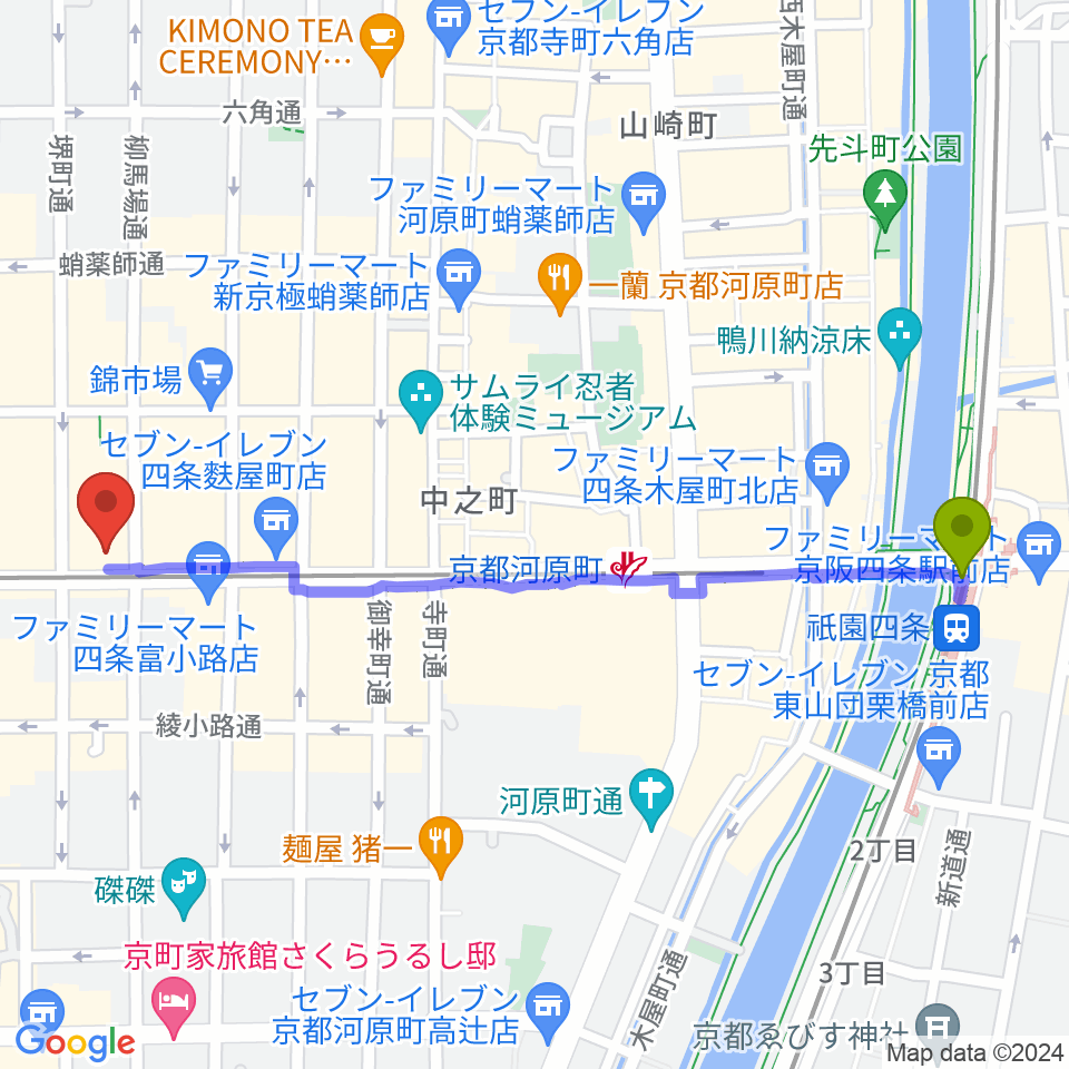祇園四条駅から京都MUSEへのルートマップ地図