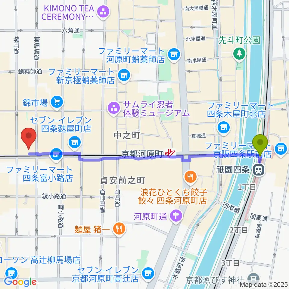 祇園四条駅から京都MUSEへのルートマップ地図