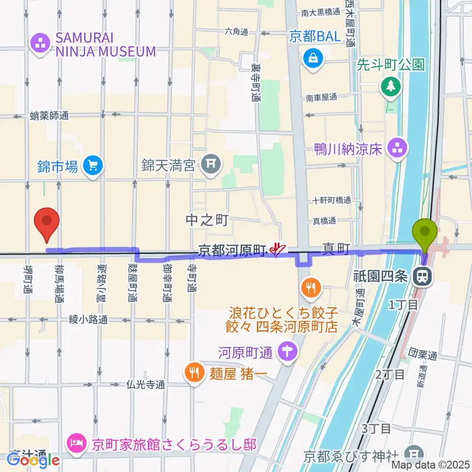 祇園四条駅から京都MUSEへのルートマップ地図