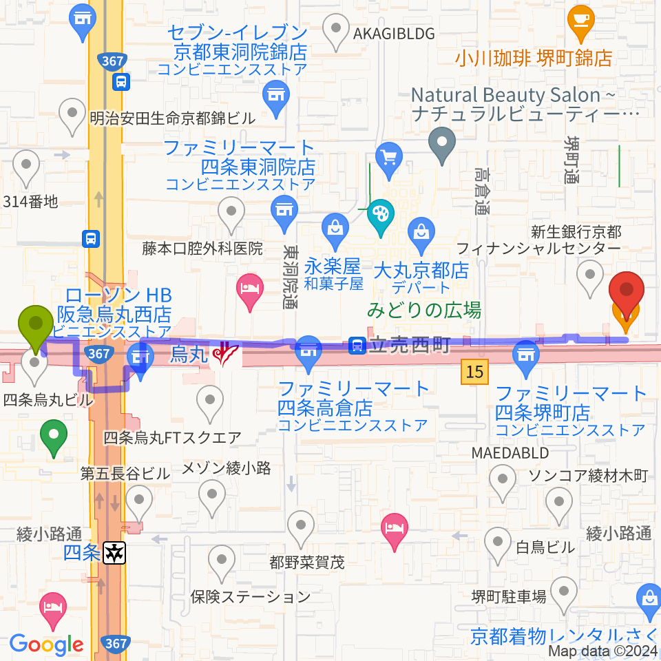 京都MUSEの最寄駅烏丸駅からの徒歩ルート（約7分）地図