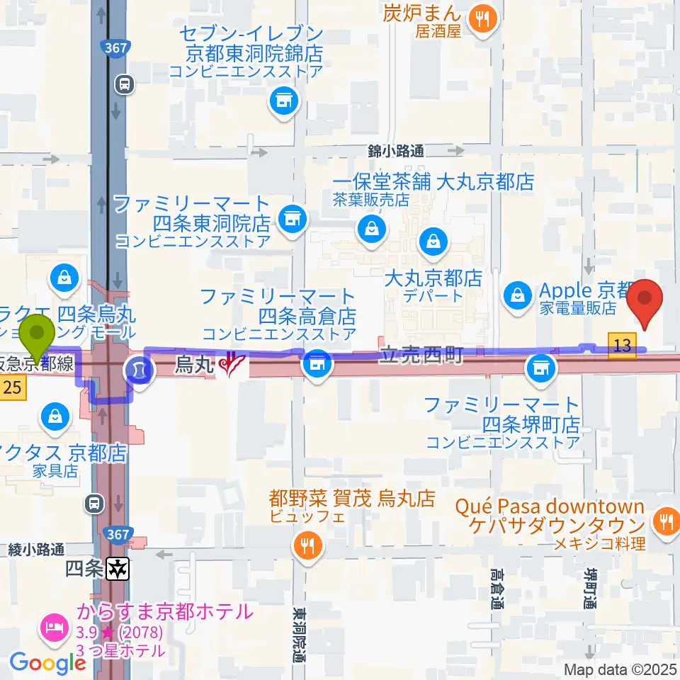 京都MUSEの最寄駅烏丸駅からの徒歩ルート（約7分）地図