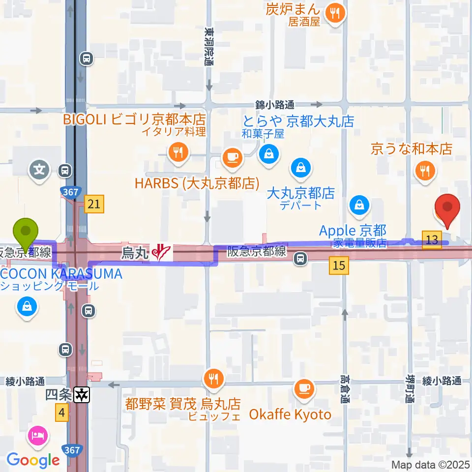 京都MUSEの最寄駅烏丸駅からの徒歩ルート（約7分）地図