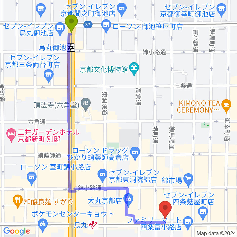 烏丸御池駅から京都MUSEへのルートマップ地図