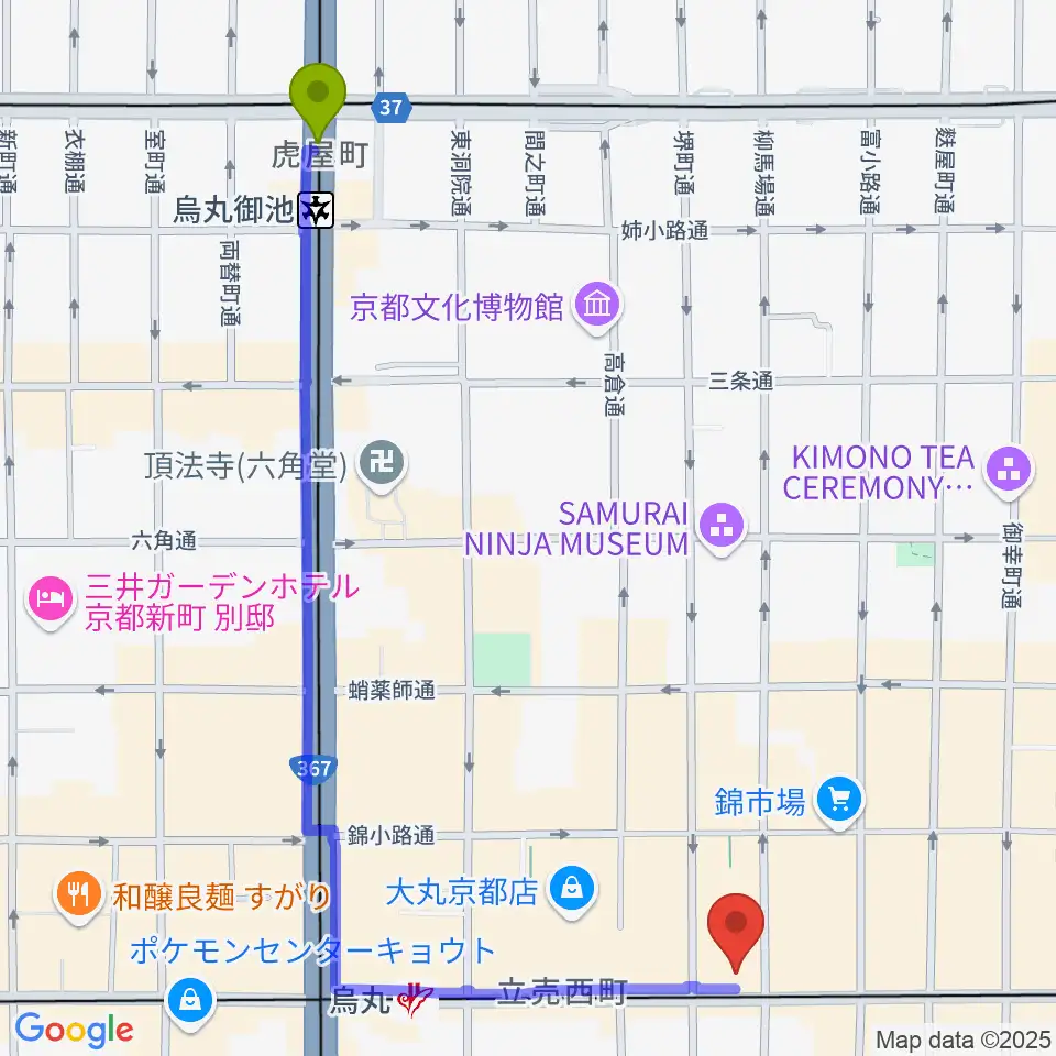 烏丸御池駅から京都MUSEへのルートマップ地図