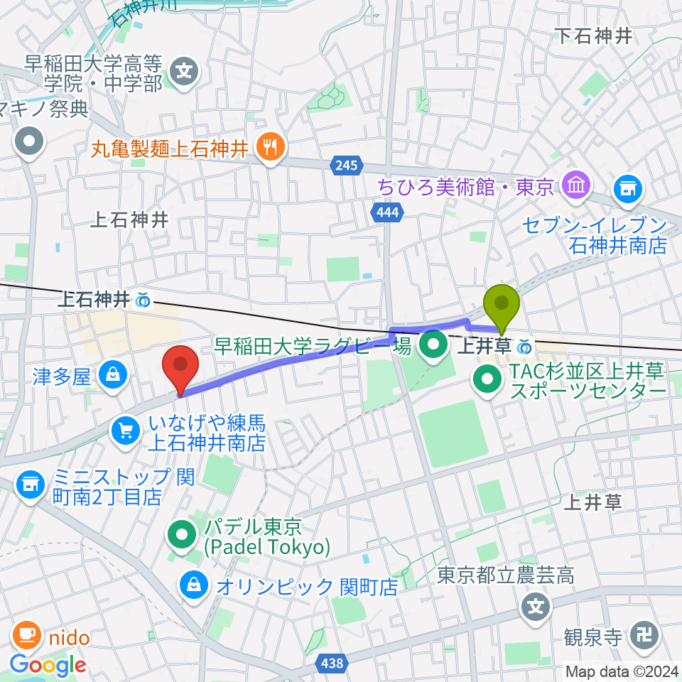 上井草駅からHaluna Guitar Studio ギター教室へのルートマップ地図