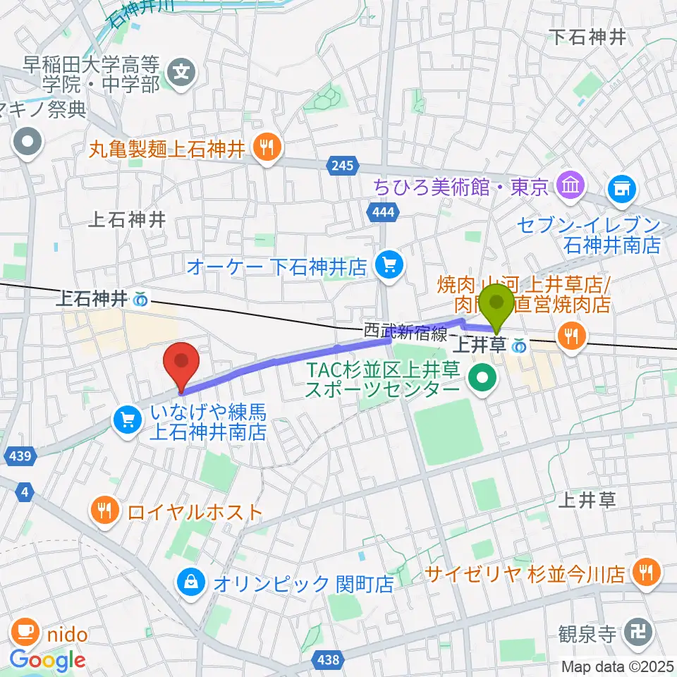 上井草駅からHaluna Guitar Studio ギター教室へのルートマップ地図