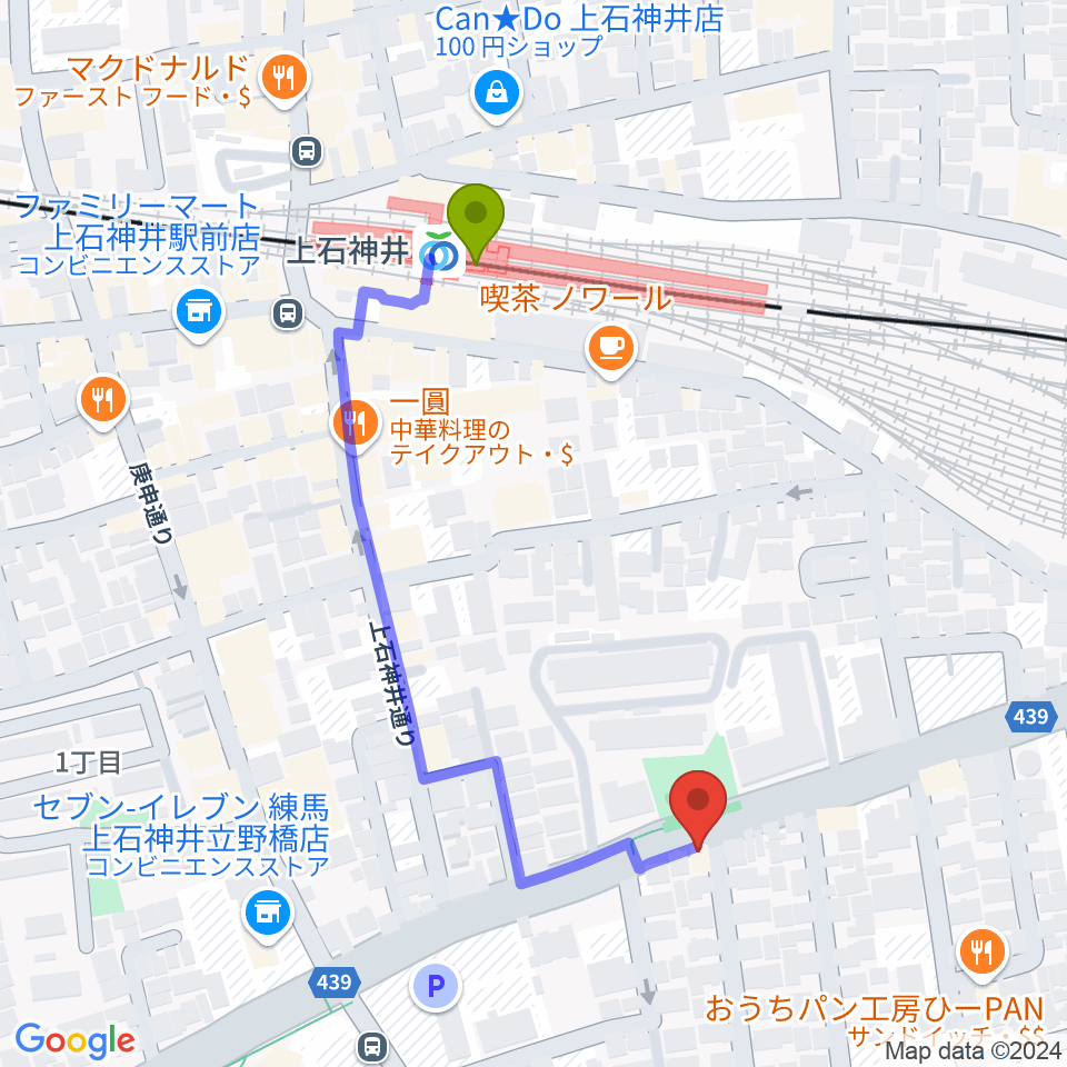 Haluna Guitar Studio ギター教室の最寄駅上石神井駅からの徒歩ルート（約5分）地図