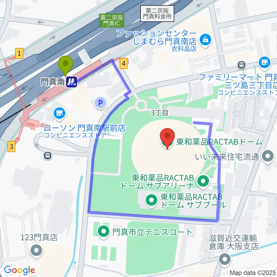 東和薬品RACTABドームの最寄駅門真南駅からの徒歩ルート（約4分）地図